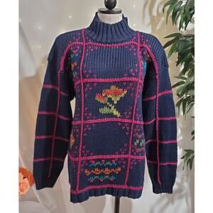 Vtg IVY Hand Knit Womens Knit Chunky Granny Sweater Sz L Cottage Country Floral
